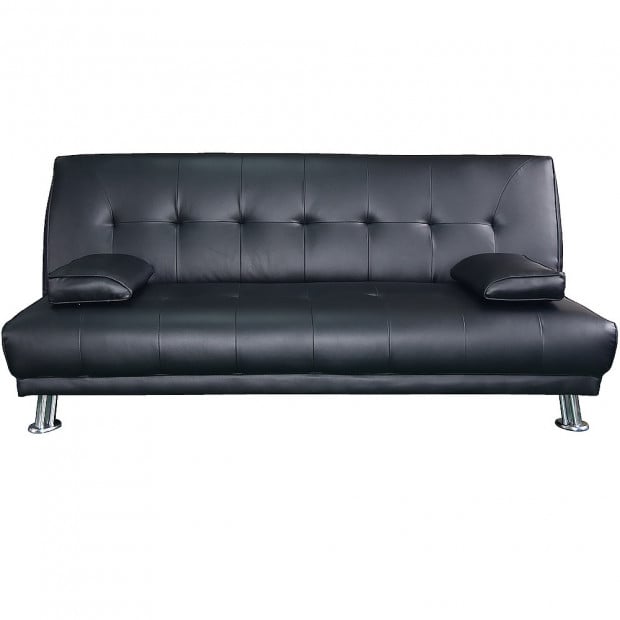 Jolie 3-Seater Faux Leather Futon Sofa Bed with Pillows by Sarantino - Black Image 3