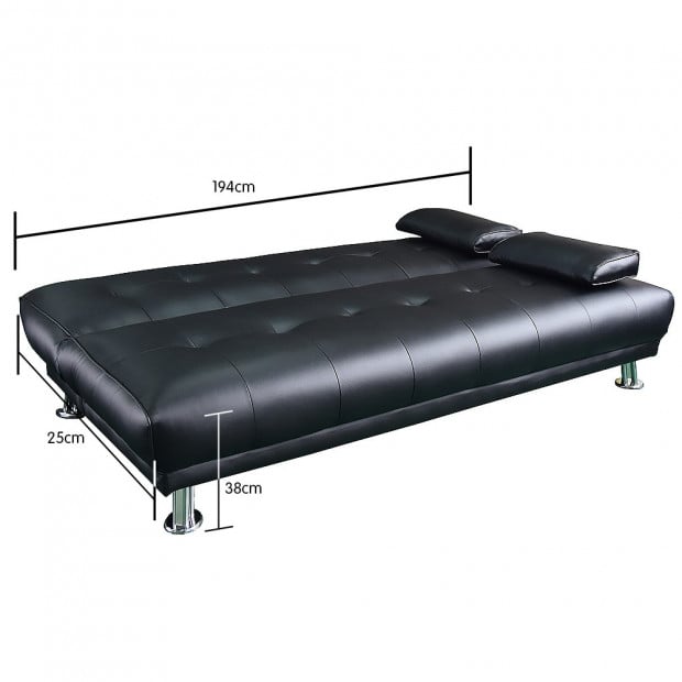 Jolie 3-Seater Faux Leather Futon Sofa Bed with Pillows by Sarantino - Black Image 4
