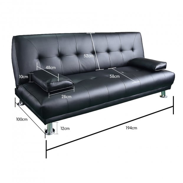 Jolie 3-Seater Faux Leather Futon Sofa Bed with Pillows by Sarantino - Black Image 5