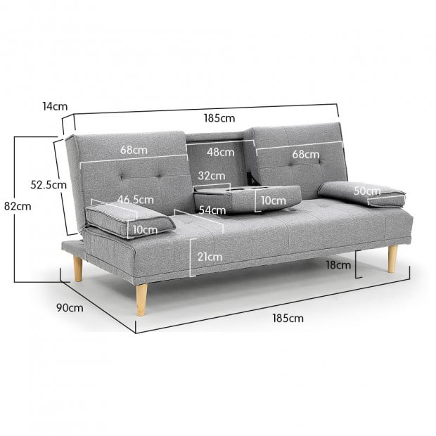 Marseille Linen Home Theatre Sofa Bed with Cup Holders by Sarantino - Light Grey Image 8