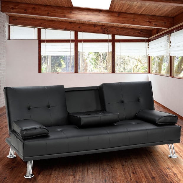 Marseille Faux Leather Home Theatre Sofa Bed with Cup Holders by Sarantino - Black