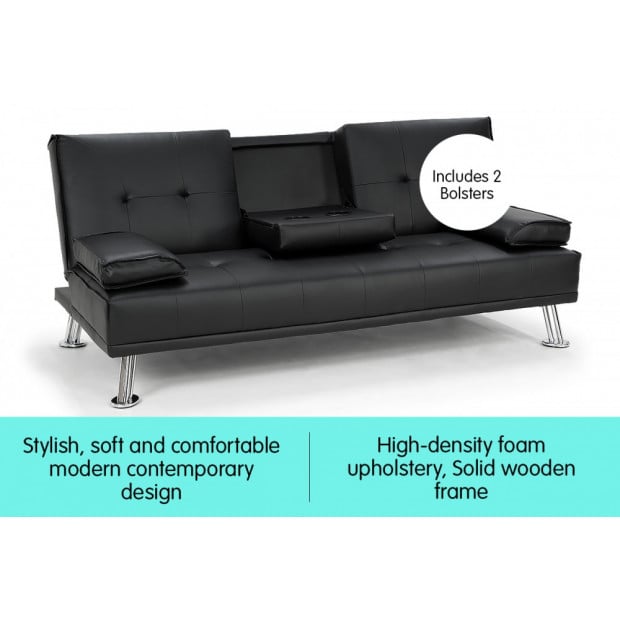 Marseille Faux Leather Home Theatre Sofa Bed with Cup Holders by Sarantino - Black Image 2