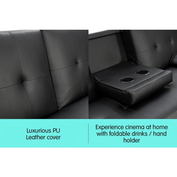 Marseille Faux Leather Home Theatre Sofa Bed with Cup Holders by Sarantino - Black Image 4