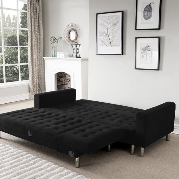 Vera Modular Tufted Suede Sofa Bed with Chaise by Sarantino - Black Image 4