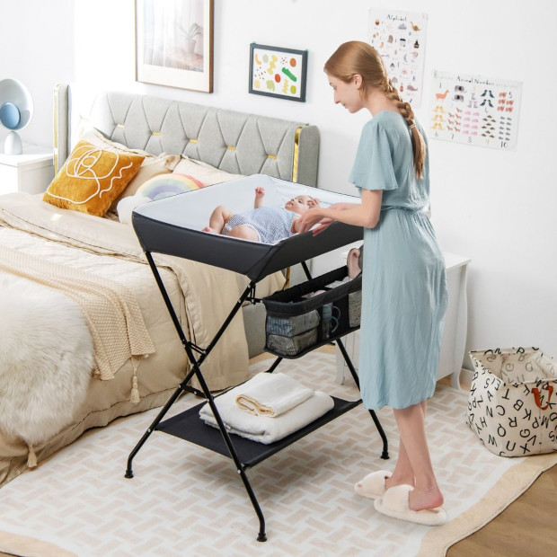 Folding Baby Change Table With Storage Basket Shelf Black