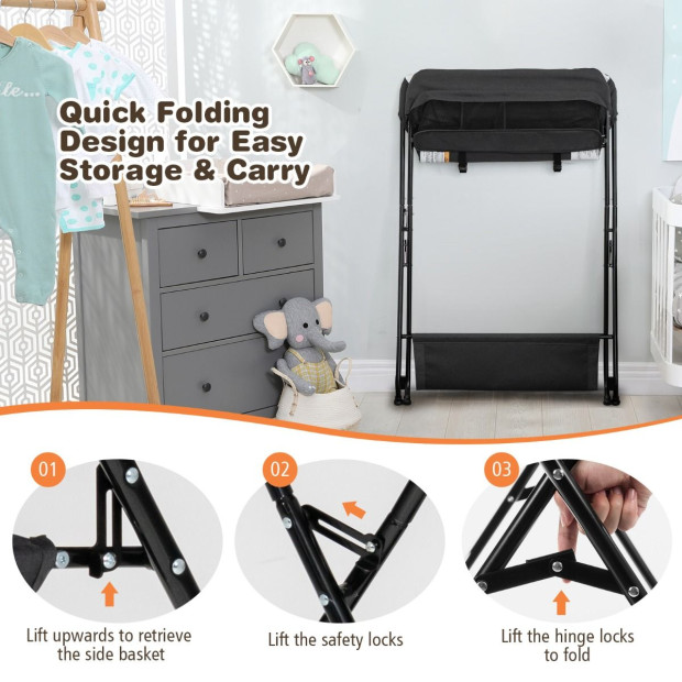 Folding Baby Change Table With Storage Basket Shelf Black