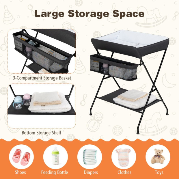 Folding Baby Change Table With Storage Basket Shelf Black