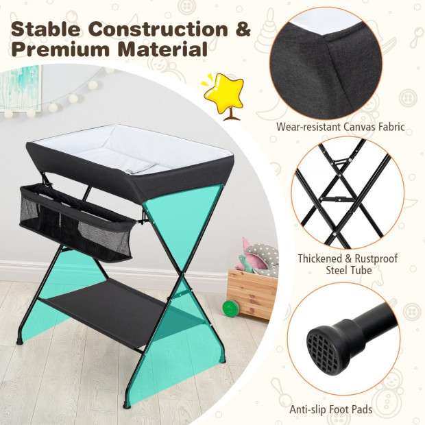Folding Baby Change Table With Storage Basket Shelf Black