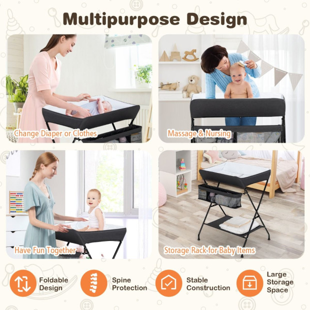 Folding Baby Change Table With Storage Basket Shelf Black
