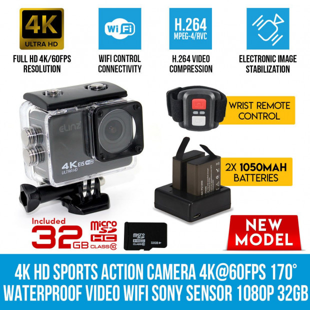 Elinz 4k Hd Sports Action Camera Waterproof Wifi Sony Sensor 32GB