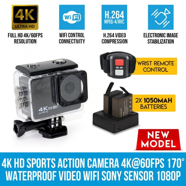 Elinz 4k Hd Sports Action Camera 170 Waterproof Video Wifi Sony Sensor