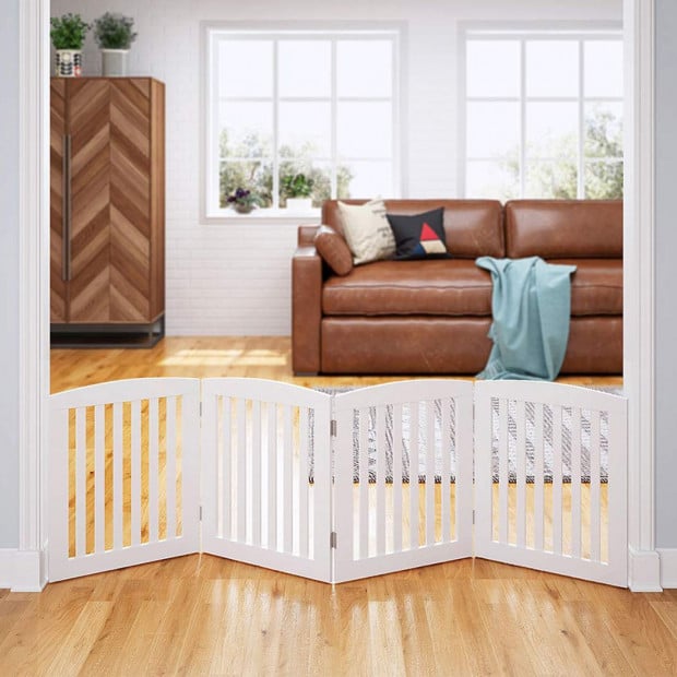 Freestanding Wooden Pet Gate 4 Panel Foldable Fence White Image 5