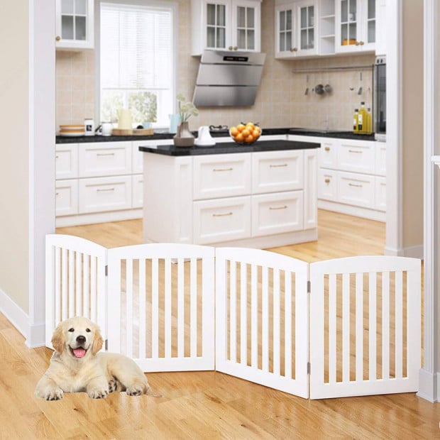 Freestanding Wooden Pet Gate 4 Panel Foldable Fence White Image 7