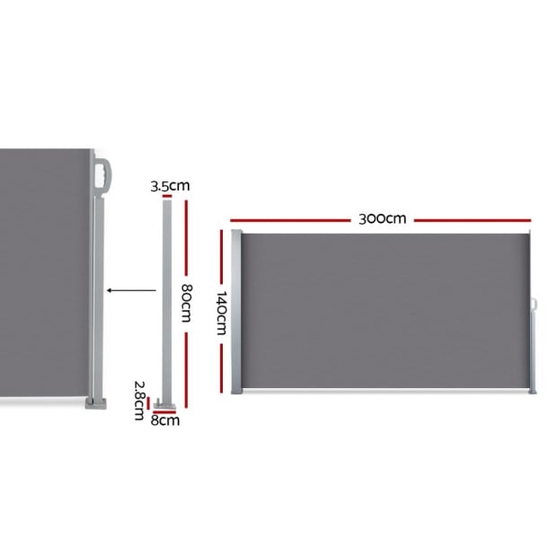Side Awning Sun Shade Outdoor Blinds Retractable Screen 1.4x3m Grey Image 2