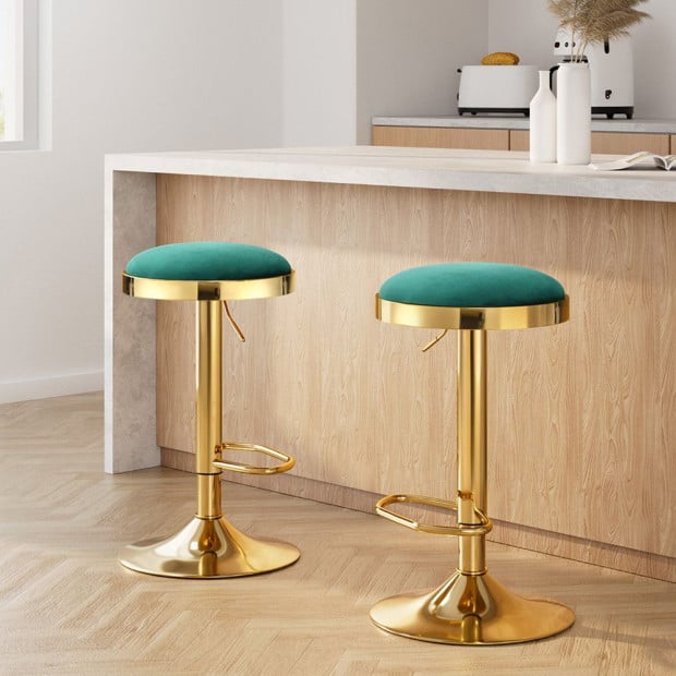 2x Bar Stools Kitchen Dining Chairs Velvet Padded Stool Green Image 7