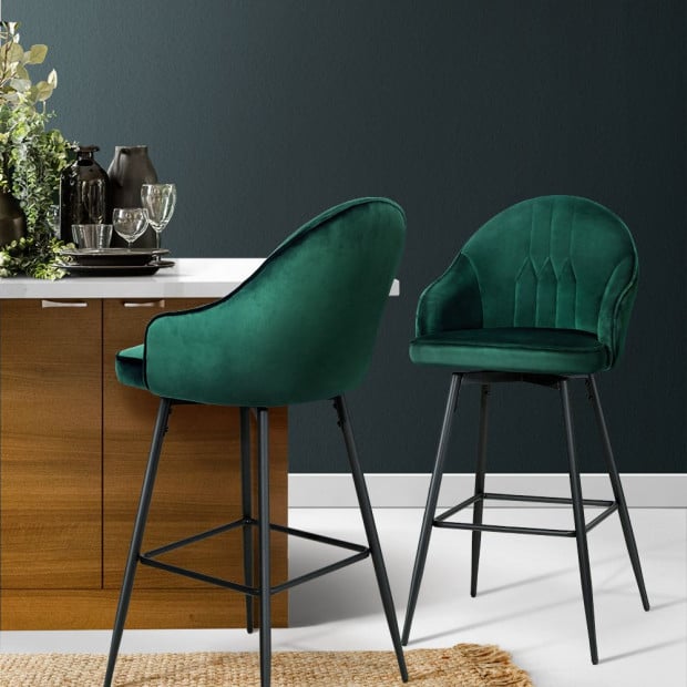 2x Bar Stools Kitchen Dining Chairs Velvet Barstool Green Mesial Image 8