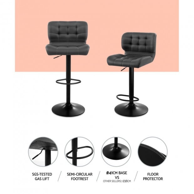 2x Kitchen Bar Gas Lift Bar Stool Chairs Swivel Leather Black Grey Image 3
