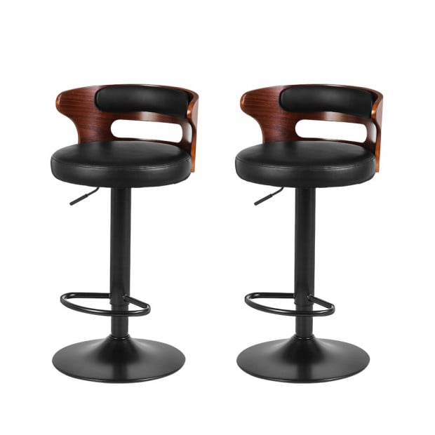 Set of 2 Bar Stools Kitchen Wooden Gas Lift Leather Stool Metal Black