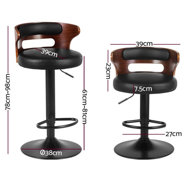 Set of 2 Bar Stools Kitchen Wooden Gas Lift Leather Stool Metal Black Image 2