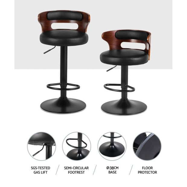 Set of 2 Bar Stools Kitchen Wooden Gas Lift Leather Stool Metal Black Image 5