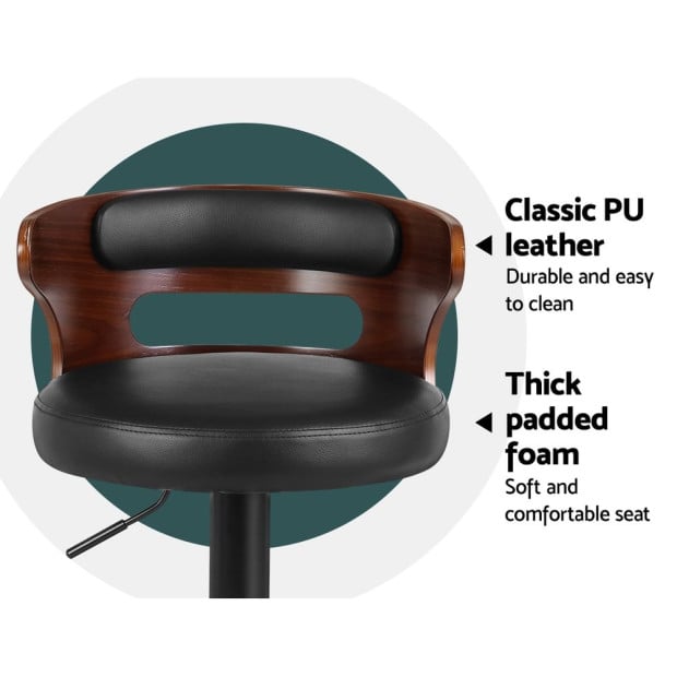 Set of 2 Bar Stools Kitchen Wooden Gas Lift Leather Stool Metal Black Image 7