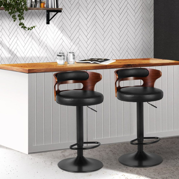Set of 2 Bar Stools Kitchen Wooden Gas Lift Leather Stool Metal Black Image 8