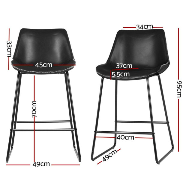 Set of 2 Bar Stools – Black PU Leather Kitchen Chairs Image 2