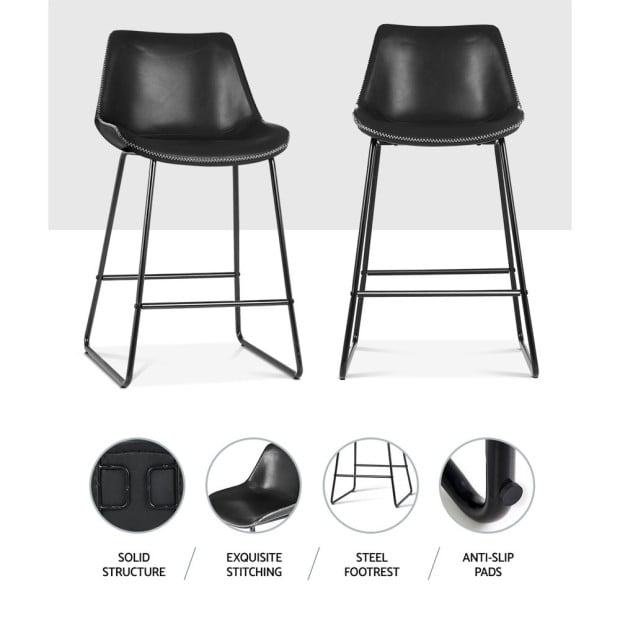 Set of 2 Bar Stools – Black PU Leather Kitchen Chairs Image 6