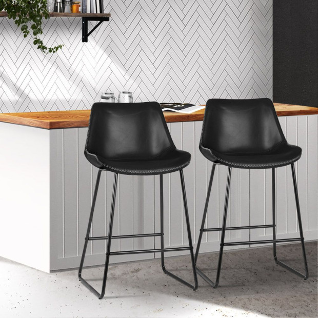 Set of 2 Bar Stools – Black PU Leather Kitchen Chairs Image 8
