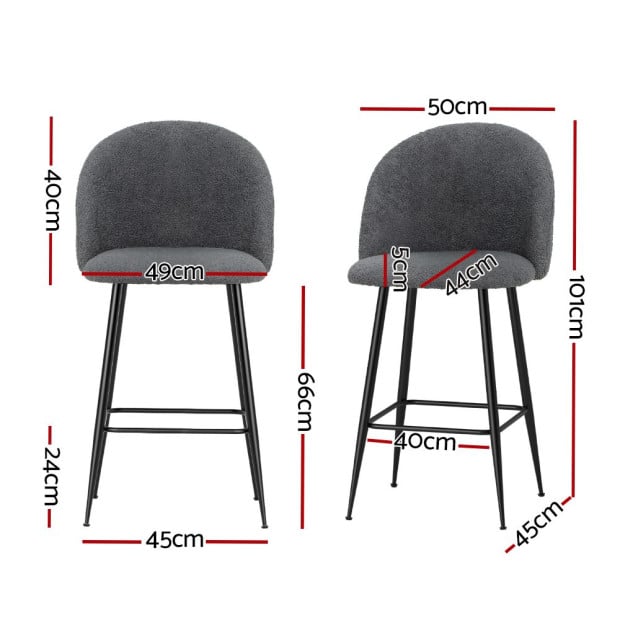 Set Of 2 Bar Stools Kitchen Dining Chair Sherpa Boucle Charcoal Image 2