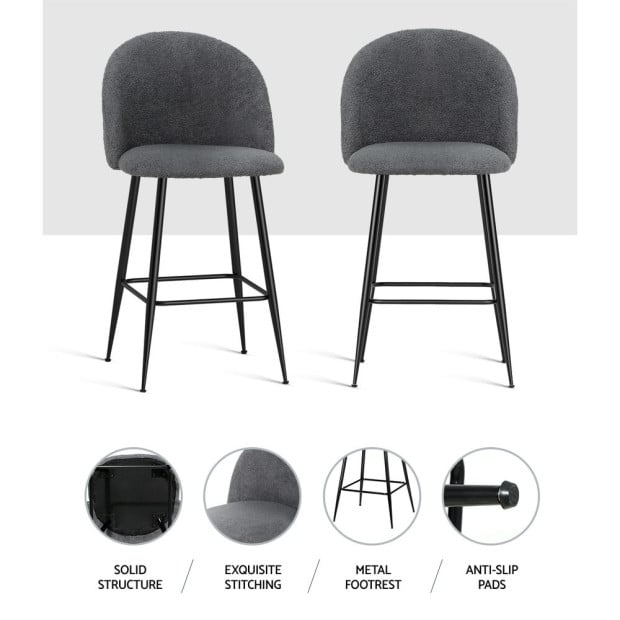 Set Of 2 Bar Stools Kitchen Dining Chair Sherpa Boucle Charcoal Image 6