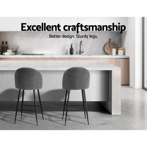Set Of 2 Bar Stools Kitchen Dining Chair Sherpa Boucle Charcoal Image 7