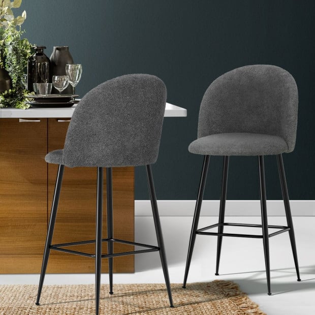 Set Of 2 Bar Stools Kitchen Dining Chair Sherpa Boucle Charcoal Image 8