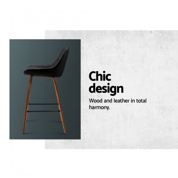 2x Kitchen Bar Wooden  Stool Chairs Bentwood Barstool Leather Black Image 3