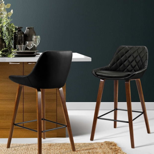 2x Kitchen Bar Wooden  Stool Chairs Bentwood Barstool Leather Black Image 7