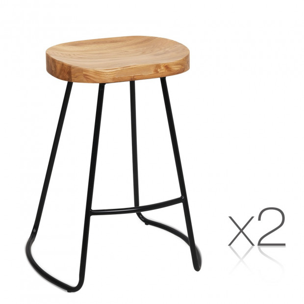 Set of 2 Steel Barstools with Wooden Seat 65cm