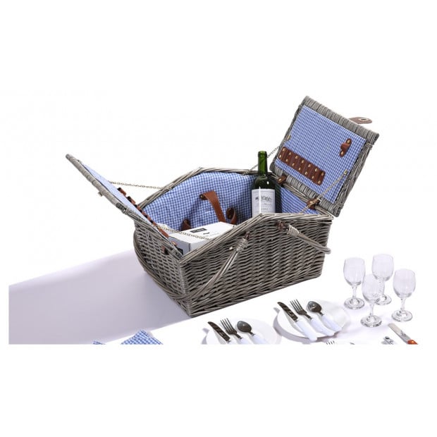 Wicker 4 Person Folding Handle Picnic Basket With Blanket Grey Image 2