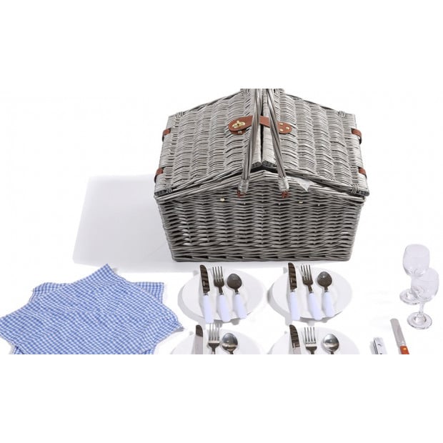 Wicker 4 Person Folding Handle Picnic Basket With Blanket Grey Image 4