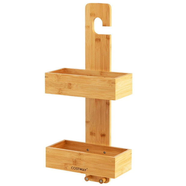 2tier Waterproof Bamboo Hanging Shower Caddy With 2 Hooks Natural