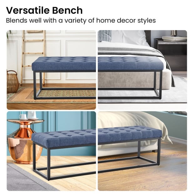 Cameron Button-Tufted Upholstered Bench with Metal Legs by Sarantino - Blue Image 8