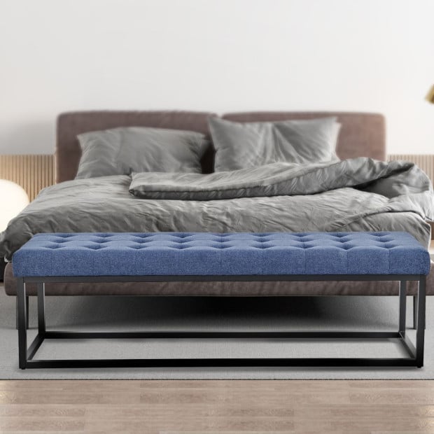Cameron Button-Tufted Upholstered Bench with Metal Legs by Sarantino - Blue Image 9