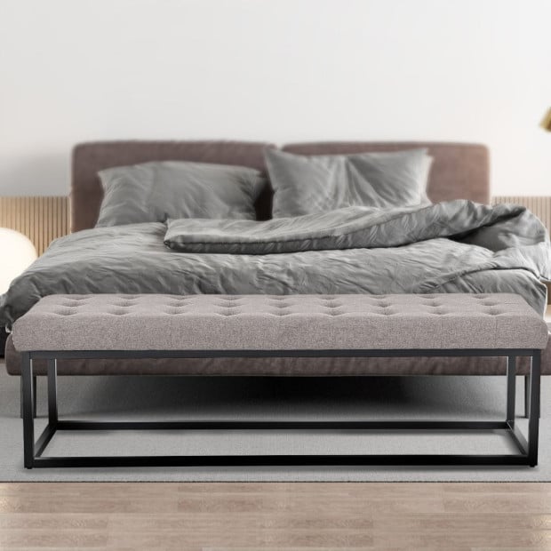 Cameron Button-Tufted Upholstered Bench with Metal Legs - Light Grey Image 9