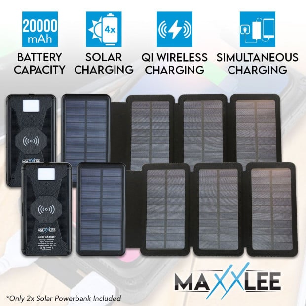 2x 20000mah Solar Panel Power Bank Qi Wireless Battery Charger USB C