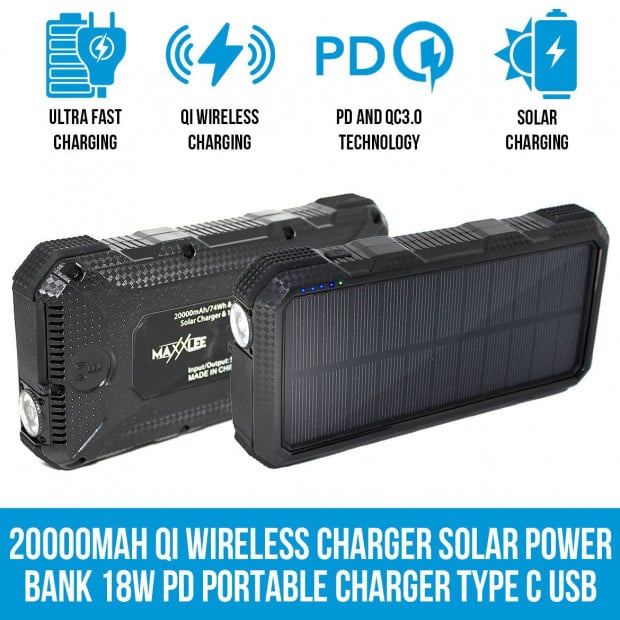 Maxxlee 20000mah Qi Wireless Charger Solar Power Bank 18w Type C Qc3.0