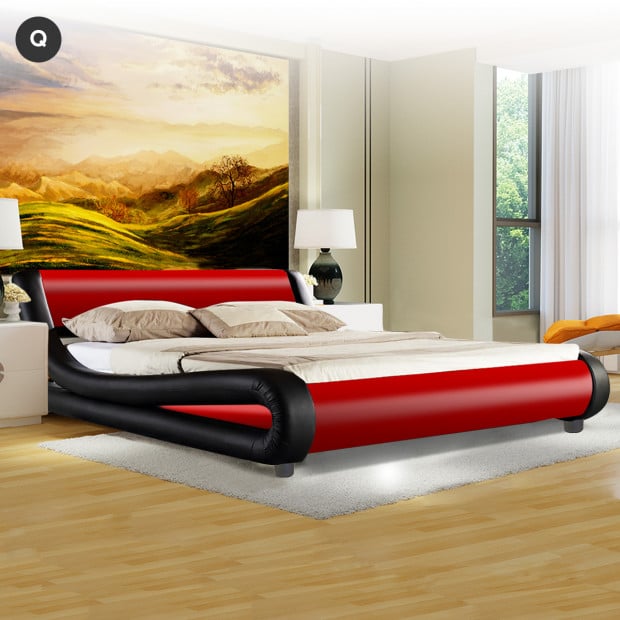 Queen Size Faux Leather Curved Bed Frame - Red Image 2