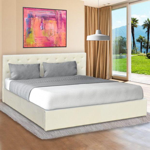 King Fabric Gas Lift Bed Frame with Headboard - Beige Image 2