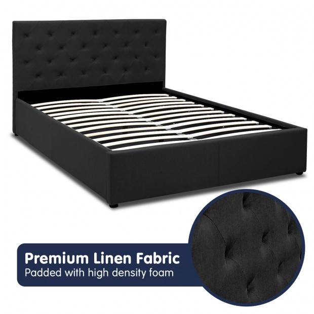 Queen Fabric Gas Lift Bed Frame with Headboard - Black Image 6