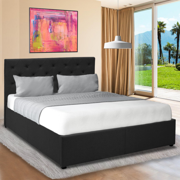 Queen Fabric Gas Lift Bed Frame with Headboard - Black Image 3