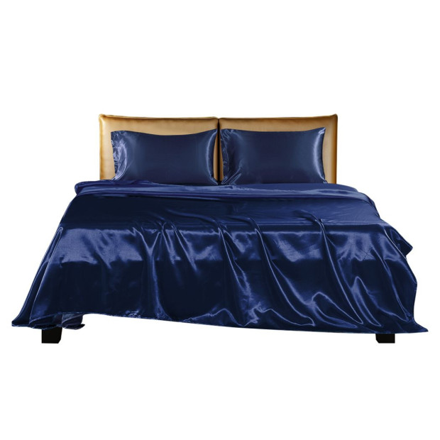 Silky Satin Fitted Flat Bed Sheet Pillowcases Summer Double Blue Image 10