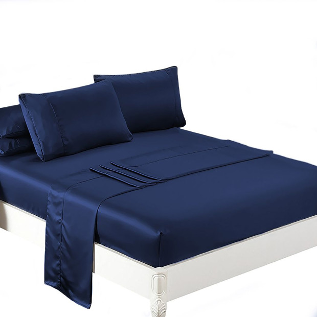Silky Satin Fitted Flat Bed Sheet Pillowcases Summer Double Blue Image 9